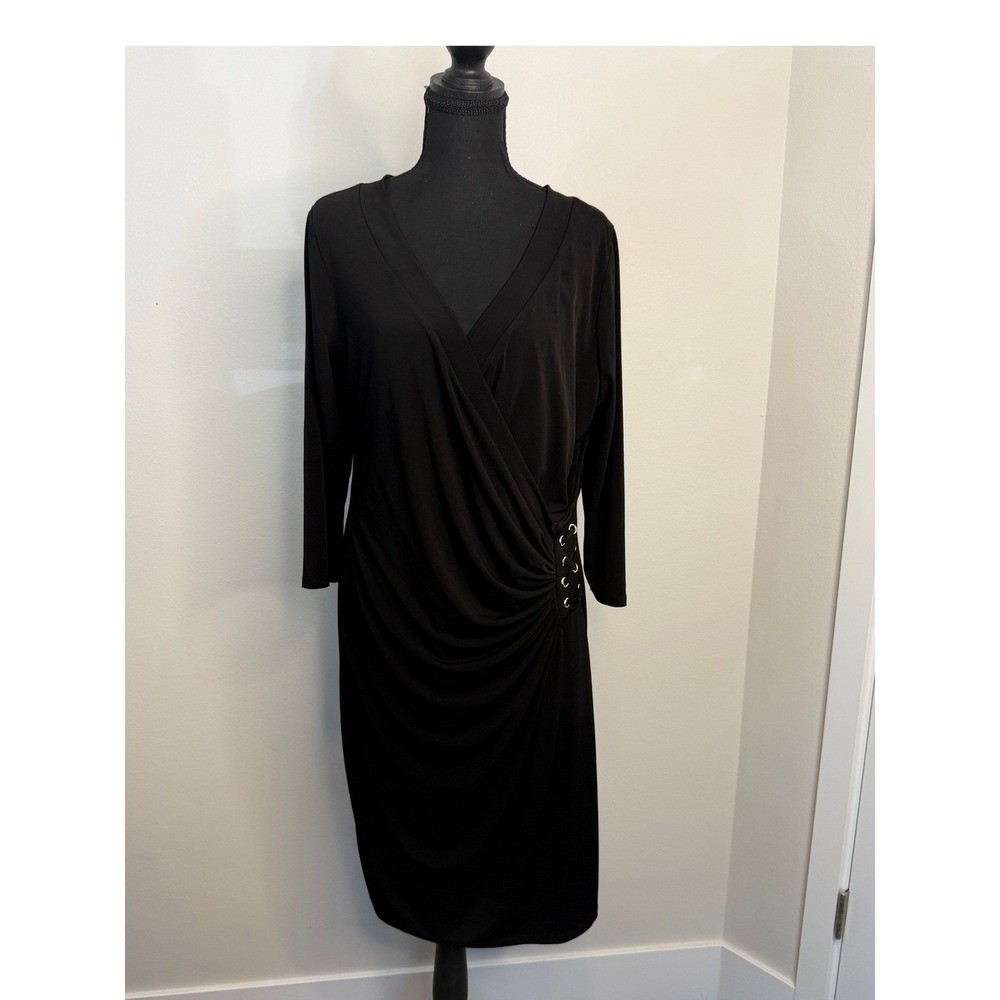Thalia Sodi Women's XL Black Faux Wrap Dress Lace Up Grommet Ruched Midi